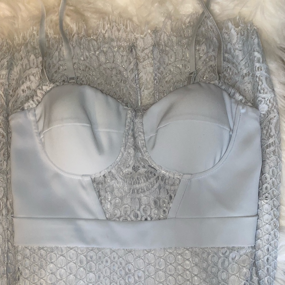 Bebe pewter (light grey/blue) midi lace bustier dress size small